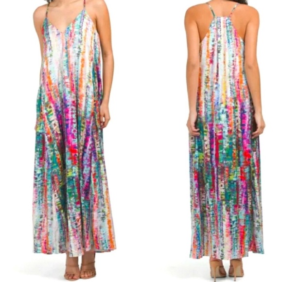 Nicole Miller Dresses & Skirts - Nicole Miller Kaleidoscope Watercolor Satin Maxi Dress🪷